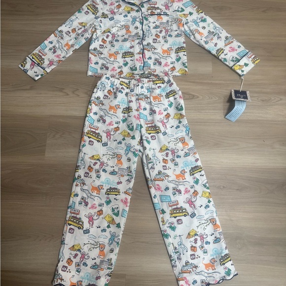 Roller Rabbit White Kids Pajama Set with Multicolor Travel & Animal Prints